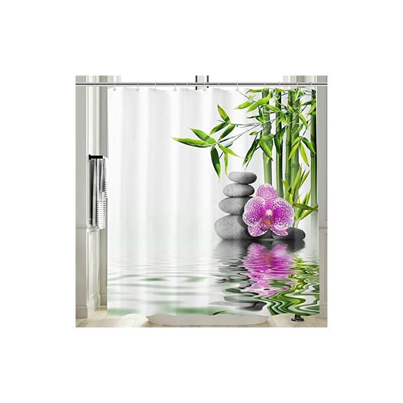 Zen Rideau Douche Anti Moisissure 3D Imprimé Bambou Galet Rideau de Salle Bain 180x200 Long Tissu Polyester Imperméable Motif Orchidée Rideaux