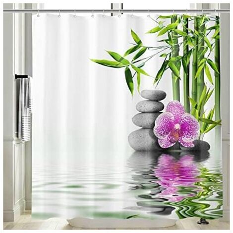 CSPARKV Zen Rideau Douche Anti Moisissure 3D Imprimé Bambou Galet Rideau de Salle Bain 180x200 Long Tissu Polyester Imperméable Motif Orchidée Rideaux Baignoire Lavable - Blanc Vert