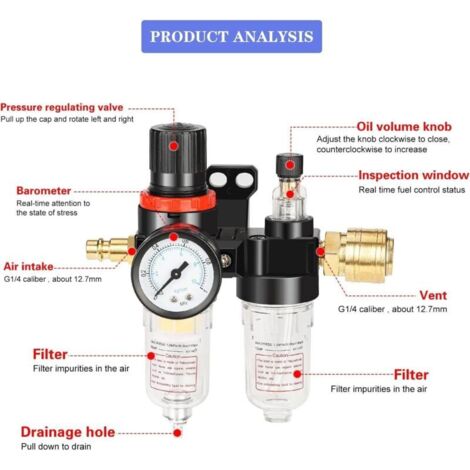 CSPARTV Riduttore di pressione per compressore d'aria da 1/4", riduttore di pressione da 1/4" con manometro, filtro regolatore per compressore