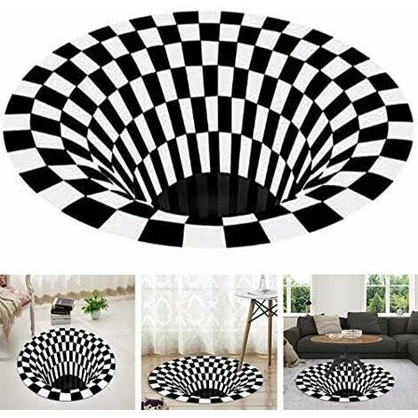 CSWEK Tapis Rond Noir Blanc Grille,Tapis D'illusion 3D Vortex,Tapis 3D Vortex Chambre Salon,Tapis de Sol 3D Area Rug,Tapis Vortex Illusion,Géométrique Optique Tapis