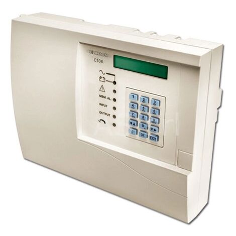 CT06 - Combinatore telefonico a sintesi vocale, tastiera e display LCD integrati. Microfono e altoparlante integrati. 2 ingressi di allarme. 12 numeri telefonici da 28 cifre. 3 uscite telecomandabili.
