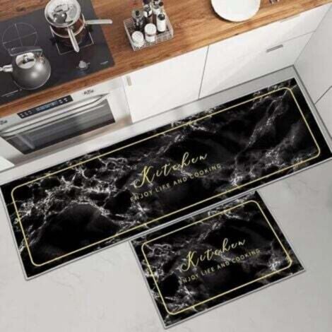 (C)Tapis de Cuisine antidérapant et Lavable 2 pièces, Marbre Doré Antiderapant Tapis de Cuisine Devant evier pour Cuisine, buanderie, Salon
