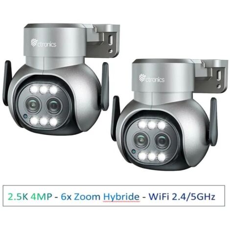 Ctronics 2,5K 4MP Überwachungskamera für den Außenbereich mit 2 Objektiven WLAN 2,4 / 5 GHz, 6-facher Hybrid-Zoom, Automatische Verfolgung, Erkennung von Menschen, Farb-Nachtsicht, Grau （2-teilig）