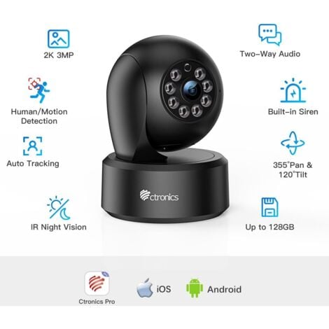 Ctronics 2K 3MP Caméra Surveillance WiFi Intérieur, 360° PTZ IP Caméra avec Détection Humaine/Mouvement, Suivi Auto, Vision Nocturne IR 20M, Audio Bidirectionnel, Sirène pour Bébé/Animaux