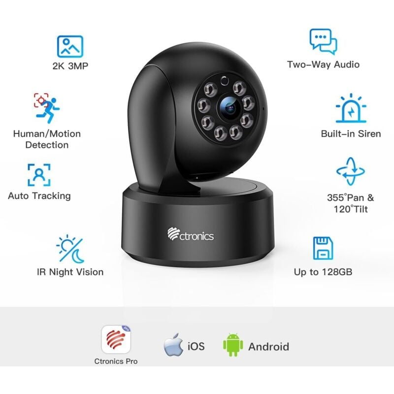 Ctronics - 2K 3MP Caméra Surveillance WiFi Intérieur, 360° ptz ip Caméra avec Détection Humaine/Mouvement, Suivi Auto, Vision Nocturne ir 20M, Audio