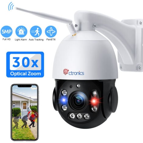 ctronics 30X Optischer Zoom 5MP PTZ Überwachungskamera Aussen WLAN, Dome IP Kamera Outdoor, 150 m Nachtsicht, Personenerkennung, Automatische Verfolgung, Unterstützt SD Karte, weiß