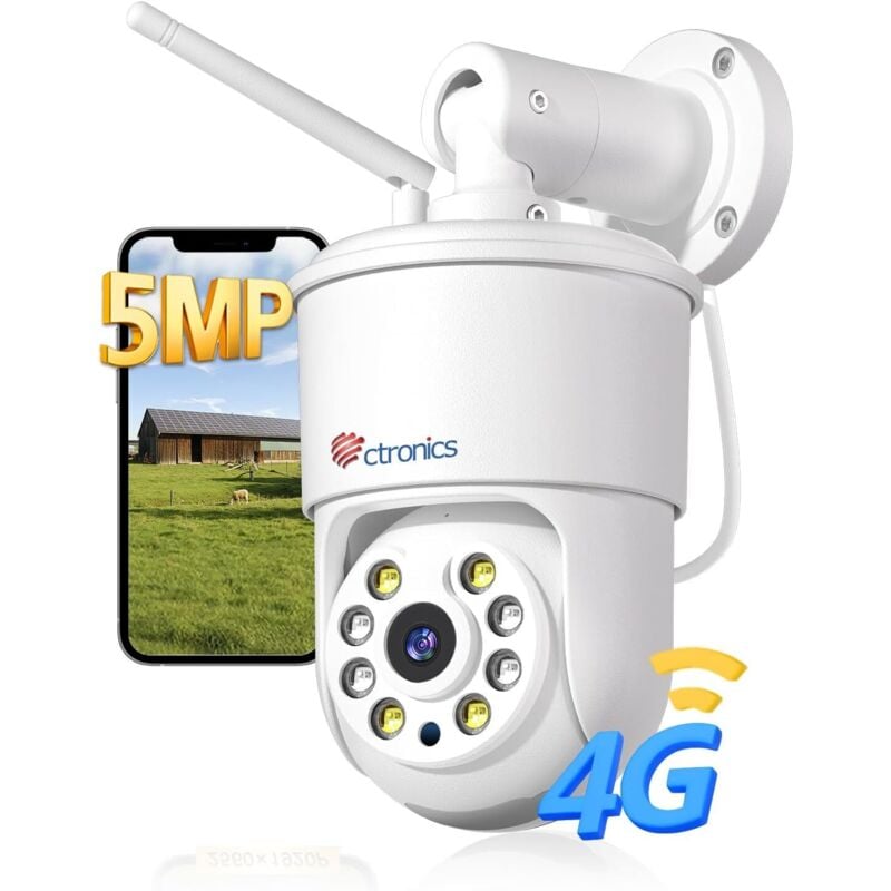 Ctronics - 3G/4G lte Caméra de Surveillance 5MP Extérieure avec Carte sim, ai Détection, Suivi Auto, Vision Nocturne en Couleur