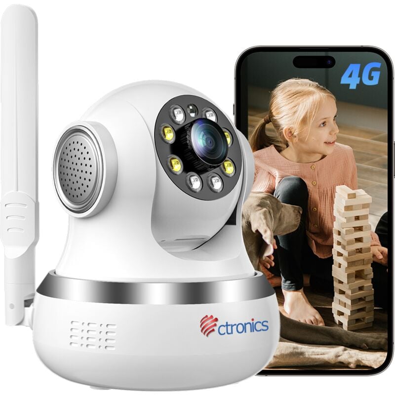 Ctronics - 3G/4G lte Caméra ip Surveillance Intérieur avec Carte sim 360° ptz sans Fil Vision Nocturne Couleur Détection Humaine/Mouvement Suivi