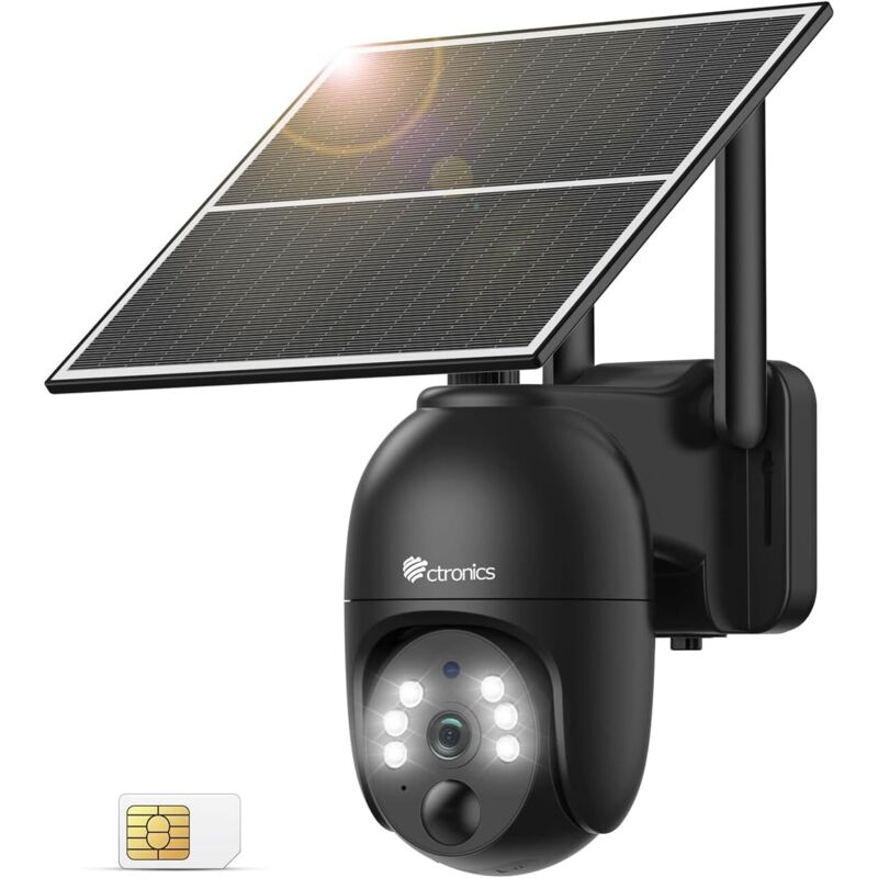 CTRONICS 4G LTE Camera Surveillance Solaire 2K avec Carte SIM Batterie 10400mAh Vision Nocturne Couleur PIR Détection, Audio Bidirectionnel, Cloud