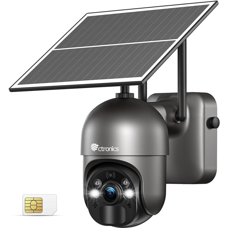 Ctronics - 4G/3G lte Caméra Surveillance Solaire sur Batterie 10400mAh, Caméra 2K 3MP Extérieure sans Fil avec Carte sim 30m Vision Nocturne Couleur