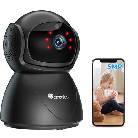 Ctronics 5MP Caméra Surveillance Intérieure 2.4/5Ghz WiFi Détection Humaine/Mouvement, Suivi Auto, Vision Nocturne 20M, Audio Bidirectionnel pour Bébé/Animaux (Noir)