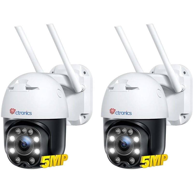 Ctronics - 5MP Caméra Surveillance Lot de 2 WiFi 2,4/5GHz, Suivi Auto, Alarme Son et Lumière,Vision Nocturne Couleur, FTP/NAS/Cloud/128GB tf,