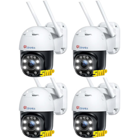 Ctronics 5MP Caméra Surveillance Lot de 4 WiFi 2,4/5GHz, Suivi Auto, Alarme Son et Lumière,Vision Nocturne Couleur, FTP/NAS/Cloud/128GB TF, Détection Humaine