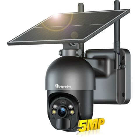 Ctronics 5MP Caméra Surveillance Panneau Solaire 6W Alarme Sonore&Lumineuse Contrôle à Distance PC/Téléphone Vision Nocturne Couleur Détection Humaine Noir