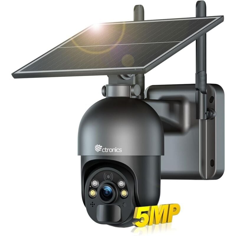 Ctronics - 5MP Caméra Surveillance Panneau Solaire 6W Alarme Sonore&Lumineuse Contrôle à Distance PC/Téléphone Vision Nocturne Couleur Détection