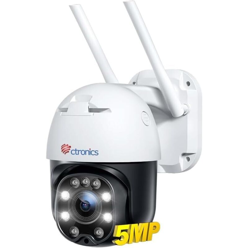 Ctronics - 5MP Caméra Surveillance WiFi 2,4/5GHz, Suivi Auto, Alarme Son et Lumière,Vision Nocturne Couleur, FTP/NAS/Cloud/128GB tf, Détection Humaine