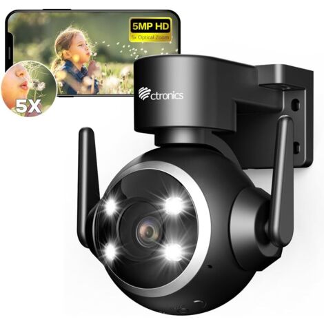 Ctronics 5MP Überwachungskamera für den Außenbereich 5-facher optischer Zoom  2,4 / 5 GHz WLAN Cloud-Speicher Farb-Nachtsicht Erkennung von Menschen Automatisches Tracking PTZ 355° 90° Zwei-Wege-Audio