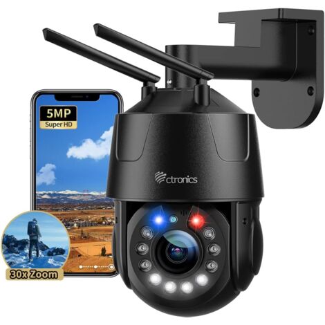 Ctronics Caméra Surveillance 5MP 30X Zoom Optique Métal WiFi 5/2.4Ghz, PTZ Extérieure 150M Vision de Nuit Couleur, Auto Cruise & Zoom,Alarme sonore et Lumineuse,Noir