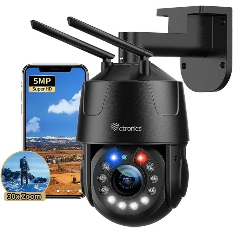 Ctronics - Caméra Surveillance 5MP 30X Zoom Optique Métal WiFi 5/2.4Ghz, ptz Extérieure 150M Vision de Nuit Couleur, Auto Cruise & Zoom,Alarme sonore