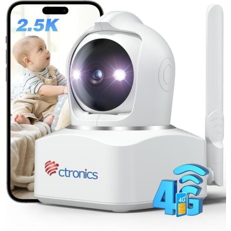 Ctronics Caméra Surveillance Intérieure 4MP 3G/4G LTE avec Carte SIM, 360°PTZ, Détection Humaine/Mouvement, Suivi Auto, Vision Nocturne Couleur