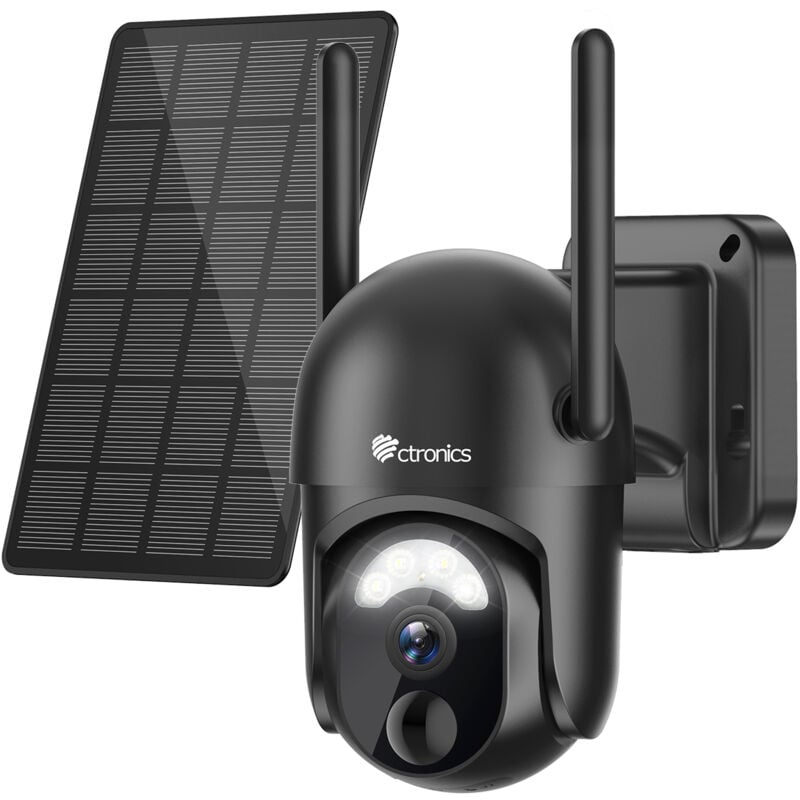 Ctronics Caméra Surveillance WiFi Extérieur sans Fil Solaire, PTZ IP Caméra 2K 3MP sur Batterie, Vision Nocturne Couleur PIR Détection Humaine Audio
