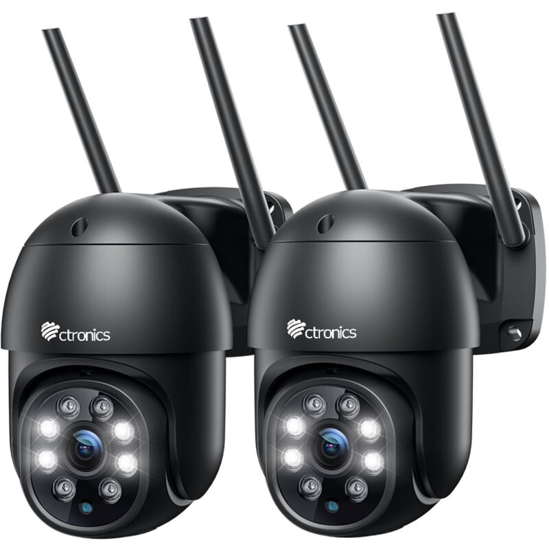 Ctronics Lot de 2 Caméra de Surveillance WiFi Extérieure PTZ Caméra 380C Noir 360° Détection de Mouvements Humaine Suivi Automatique Vision Nocturne