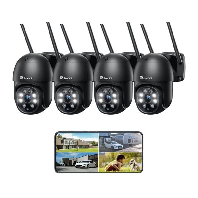 Ctronics Lot de 4 Caméra de Surveillance WiFi Extérieure PTZ Caméra 380C Noir 360° Détection de Mouvements Humaine Suivi Automatique Vision Nocturne