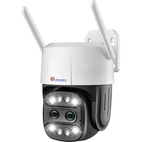 Ctronics PTZ Caméra Surveillance WiFi Extérieure avec 2 Objectif, Zoom Hybride 6X， Suivi Auto avec Zoom Auto, Détection Humaine, Vision Nocturne Couleur Blanc
