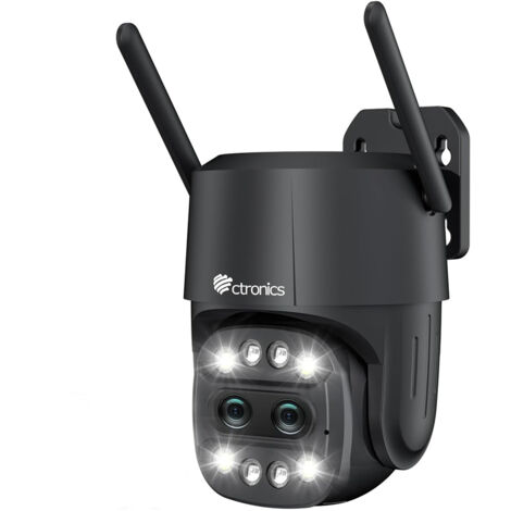 Ctronics PTZ Caméra Surveillance WiFi Extérieure avec 2 Objectif, Zoom Hybride 6X， Suivi Auto avec Zoom Auto, Détection Humaine, Vision Nocturne Couleur Noir