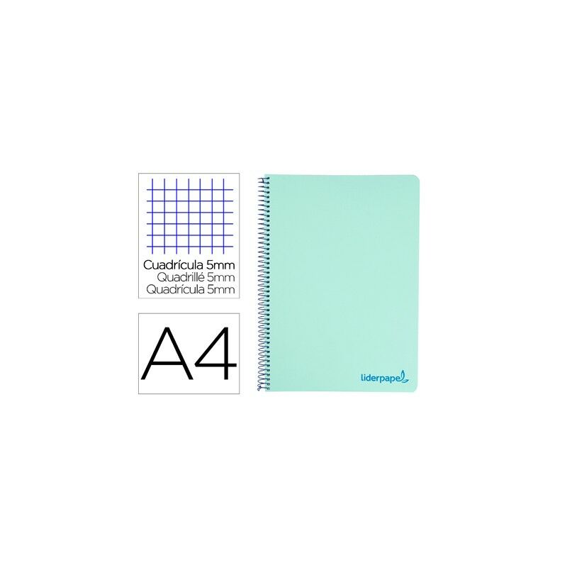 

Liderpapel - Cuaderno espiral a4 micro wonder tapa plastico 120h 90 gr cuadro 5 mm 5 bandas 4 taladros color verde