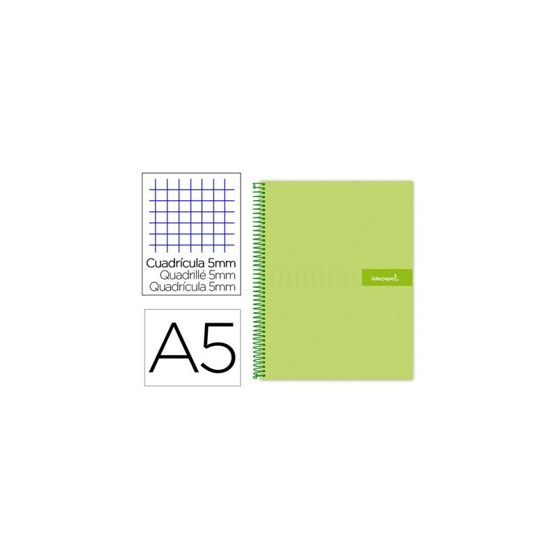 

Cuaderno espiral a5 micro crafty tapa forrada 120h 90 gr cuadro 5mm 5 bandas6 taladros color verde - Liderpapel