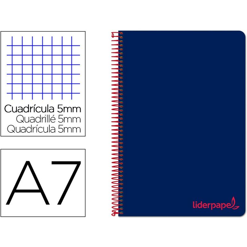 

Cuaderno espiral liderpapel a7 micro wonder tapa plastico 100h 90 gr cuadro 5mm 4 bandas color azul marino