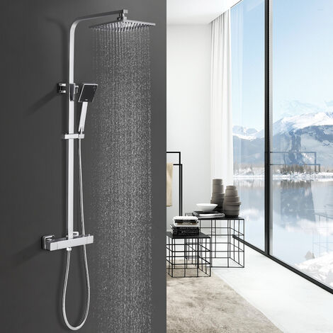 Cuadrado Columna de Ducha 38ºC Termostatica Sistema de Ducha Conjunto de Ducha Barra Adjustable (723-1225 mm) con Ducha de Lluvia y Alcachofa de Ducha para Cuarto de Baño