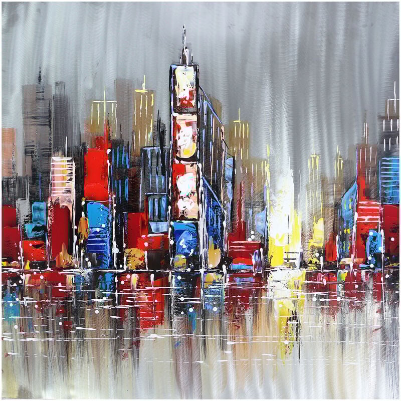 Tableau Peinture Abstraite Kuatéh 100x100 cm Paysage avec Gratte-Ciels Huile sur Toile