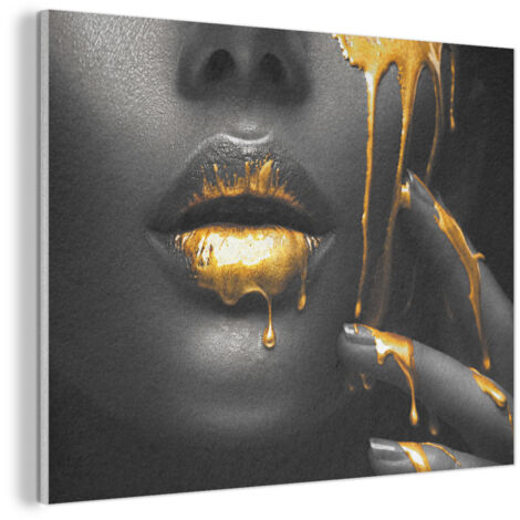 CUADRO ACÚSTICO Mujer - Negro - Oro - Cara - Labios Adornos Pared 80x60