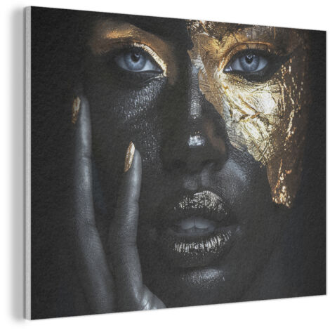 CUADRO ACÚSTICO Mujer - Oro - Retrato - Blanco y negro - Lujo Adornos Pared 80x60
