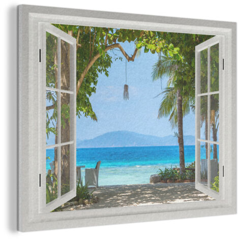 CUADRO ACÚSTICO Vista - Árbol - Mar - Palmera - Colinas - Playa - Azul Adornos Pared 80x60