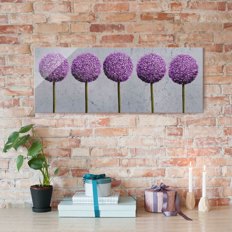 

Cuadro de cristal - Allium globular flowers - Panorama Apaisado Dimensión LxA: 50cm x 125cm