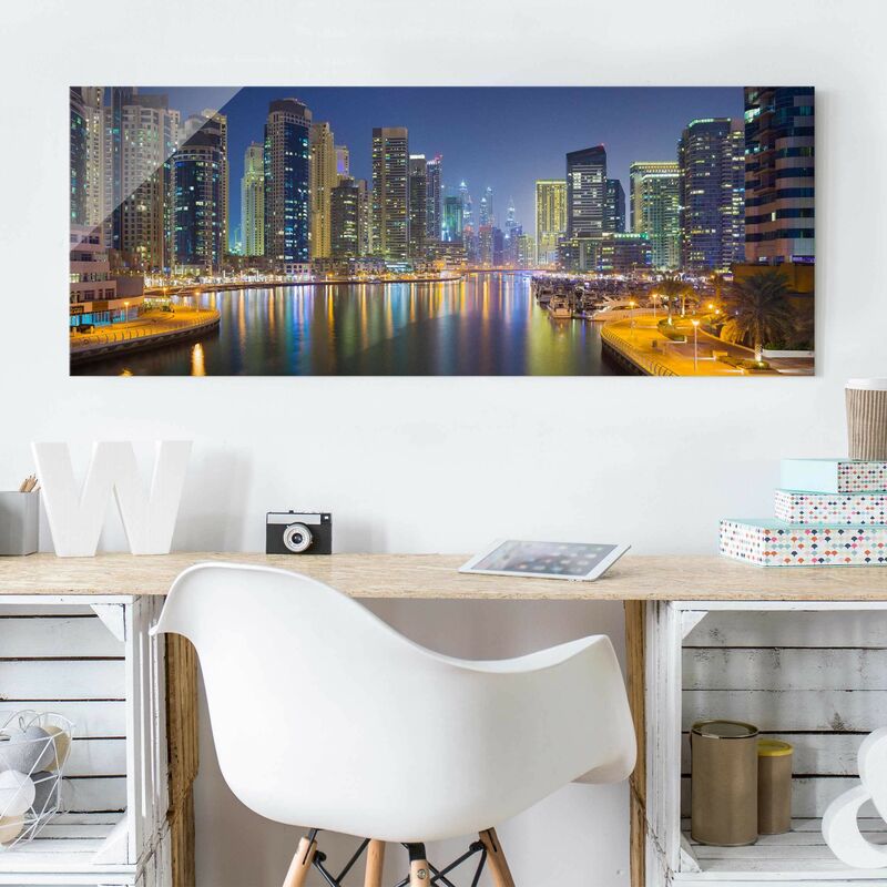 

Bilderwelten - Cuadro de cristal - Dubai night skyline - Panorama Apaisado Dimensión LxA: 50cm x 125cm
