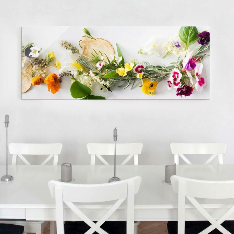 

Bilderwelten - Cuadro de cristal - Fresh Herbs With Edible Flowers - Panorama Apaisado Dimensión LxA: 50cm x 125cm