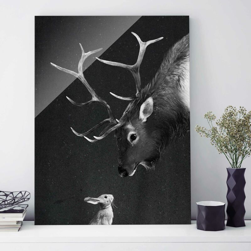 

Bilderwelten - Cuadro de cristal - Illustration Deer And Rabbit Black And White Painting - Formato Alto 4:3 Dimensión LxA: 100cm x 75cm