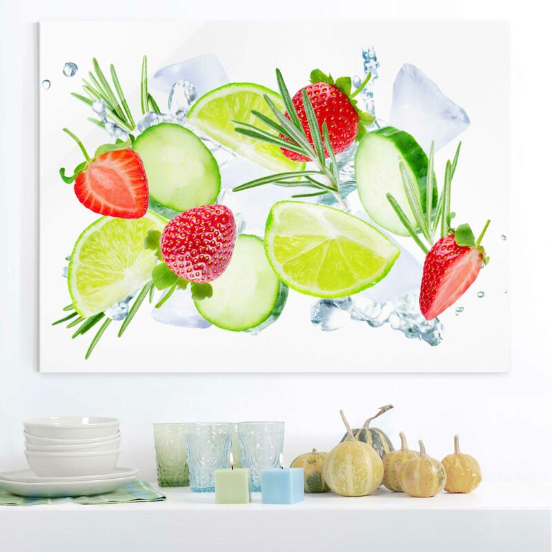 

Bilderwelten - Cuadro de cristal - Strawberries Lime Ice Cubes Splash - Formato Apaisado 3:4 Dimensión LxA: 75cm x 100cm