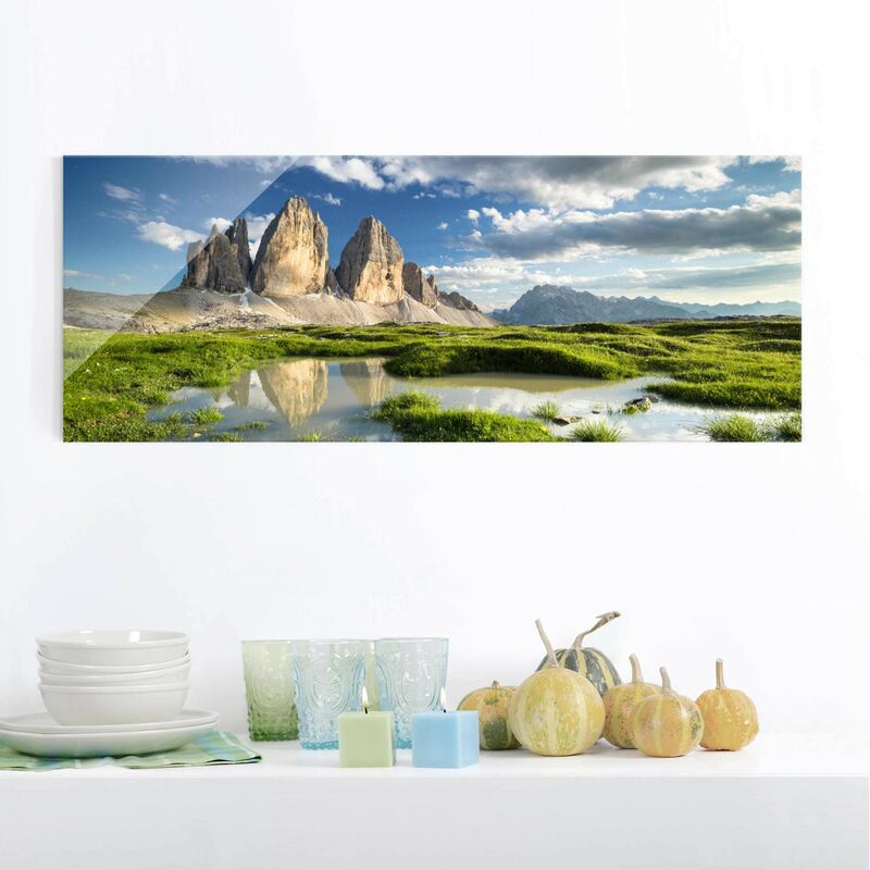 

Cuadro de cristal - The Tre Cime di Lavaredo - Panorama Apaisado Dimensión LxA: 50cm x 125cm