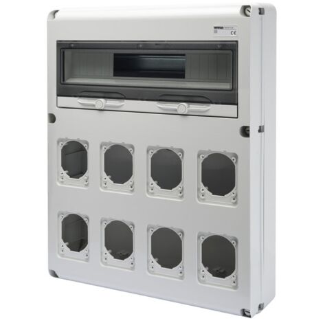 Cuadro de distribución de 20 módulos de Gewiss con 8 bridas para tomas industriales GW68013N