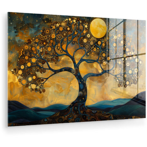 CUADRO DE METACRILATO Árbol - Luna - Flores - Oro - Arte Pinturas 60x40
