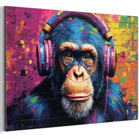 CUADRO DE METAL Graffiti - Chimpancé - Arte callejero - Auriculares - Mono Cuadros Grande 120x80