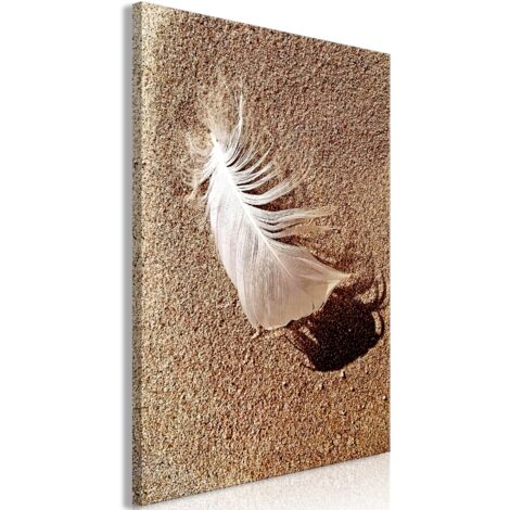 Cuadro decorativo en lienzo con impresión premium en 1 parte sobre marco de madera Patrón de plumas sobre arena 20x30cm 110017645
