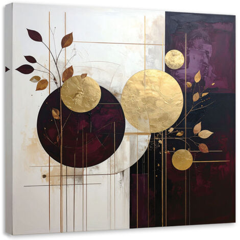 Cuadro en Lienzo, Abstracción de círculos y hojas en beige y violeta, 20x20
