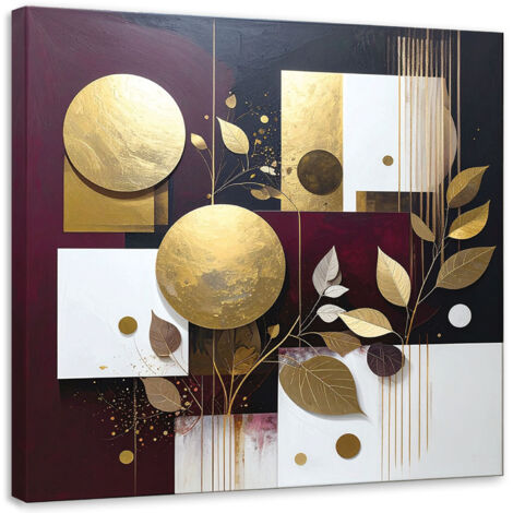 Cuadro en Lienzo, Abstracción de círculos y hojas en burdeos y dorado, 30x30