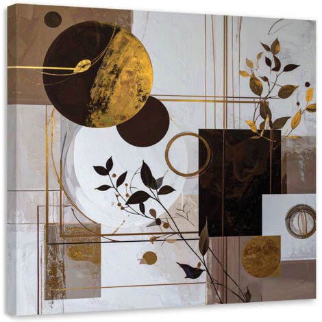 Cuadro en Lienzo, Abstracción de círculos y hojas en marrón y beige, 30x30